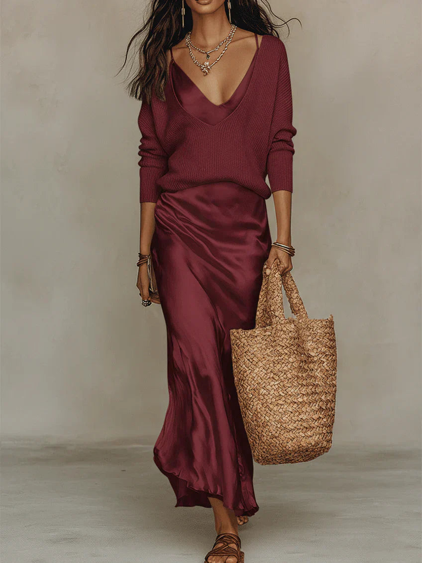 Jane | Satin Dress & Fine-Knit Set