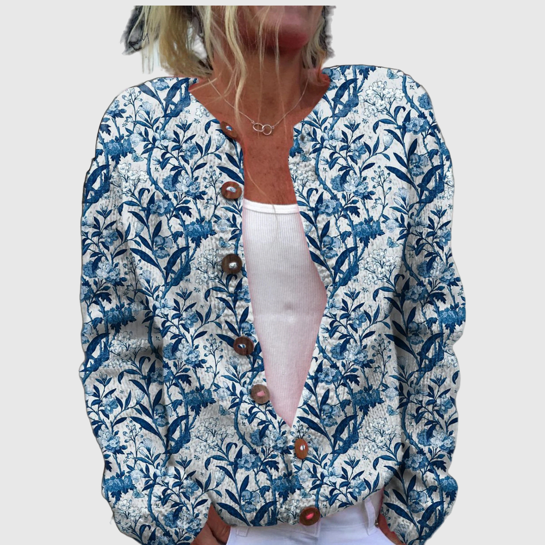 Karin™ | Cardigan with Blue Leaf Pattern