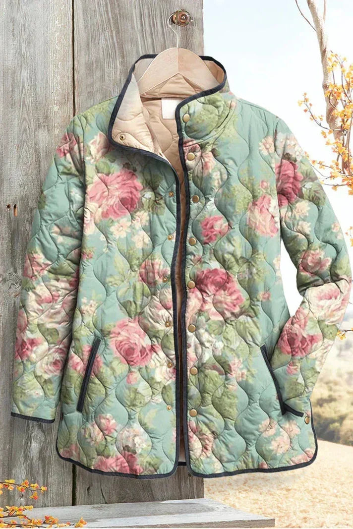 Gesa™ | Quilted Jacket with Large Roses in Sage