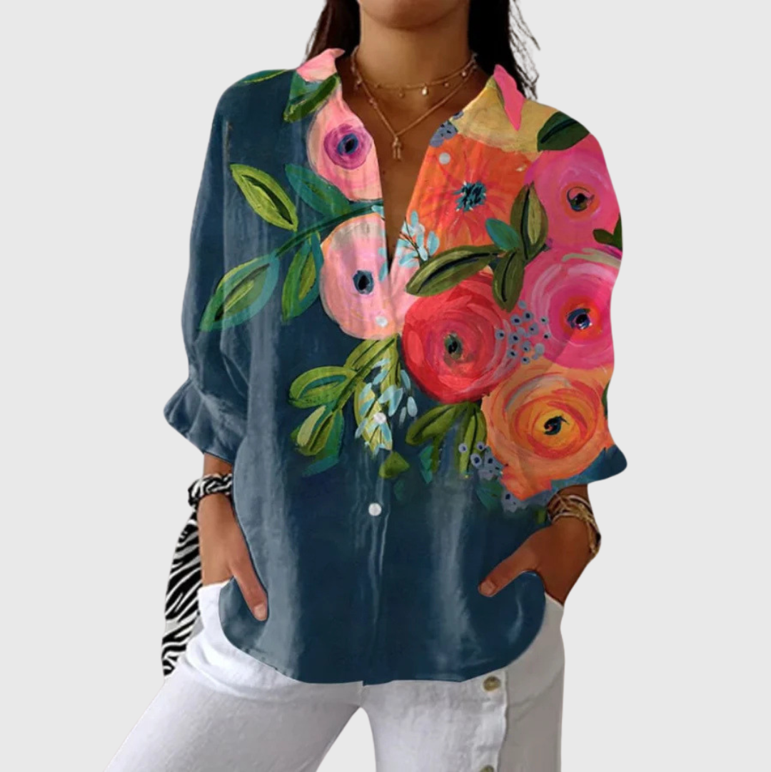 Leichte und farbenfrohe Druckbluse - Rosen Petrol