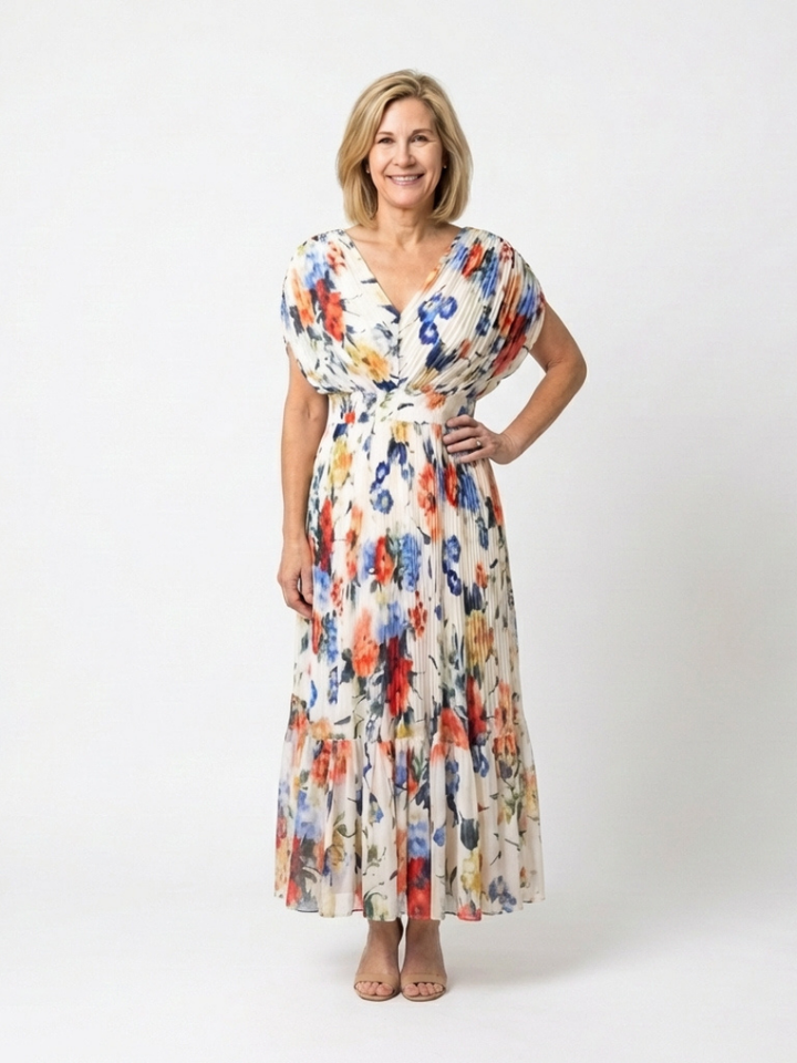 Savannah - Short Sleeve Pleated Floral Midi Dress