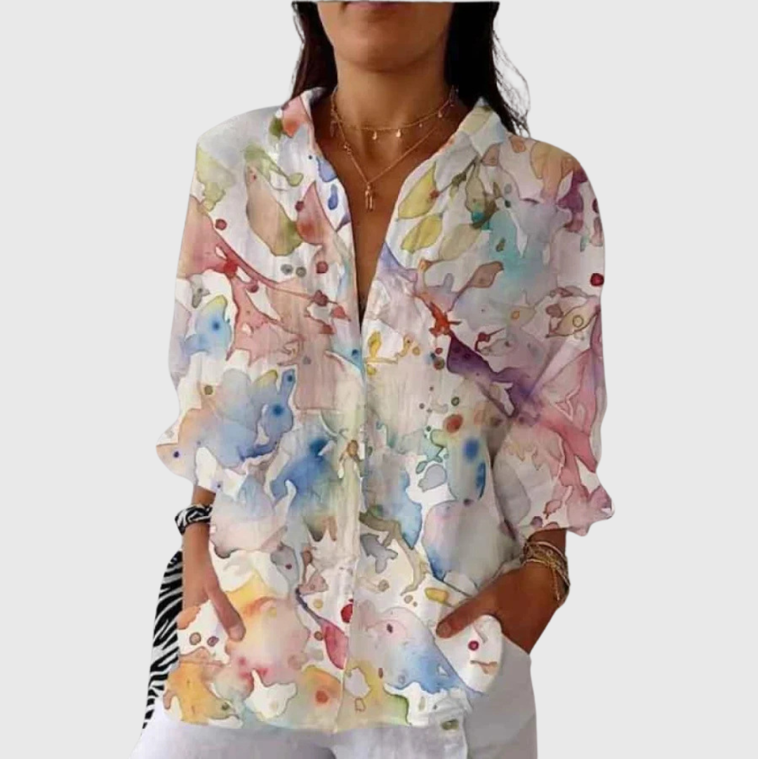 Leichte und farbenfrohe Druckbluse - Vögel Aquarell Weiß