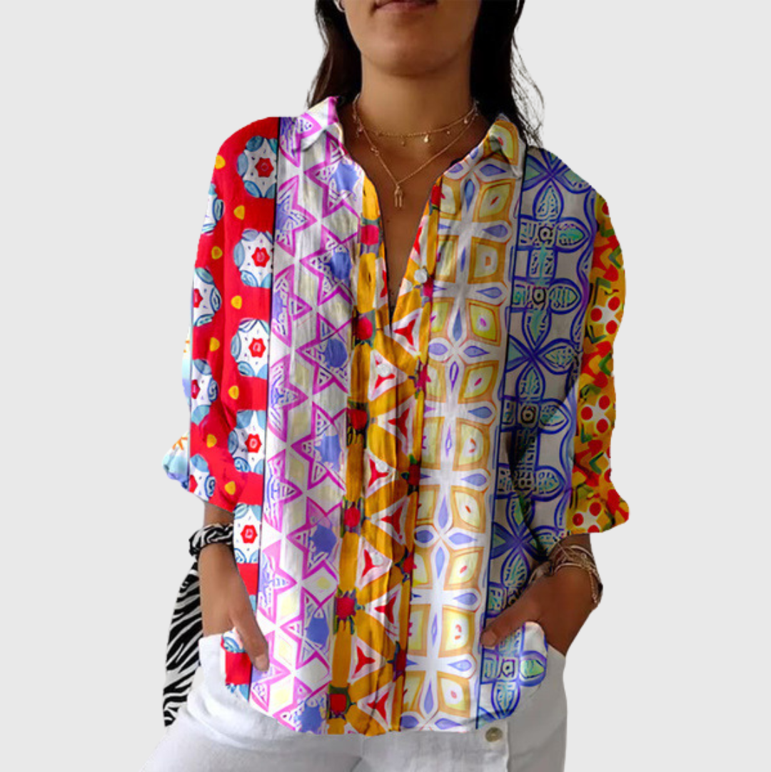 Leichte und farbenfrohe Druckbluse - Ethno Patchwork Bunt