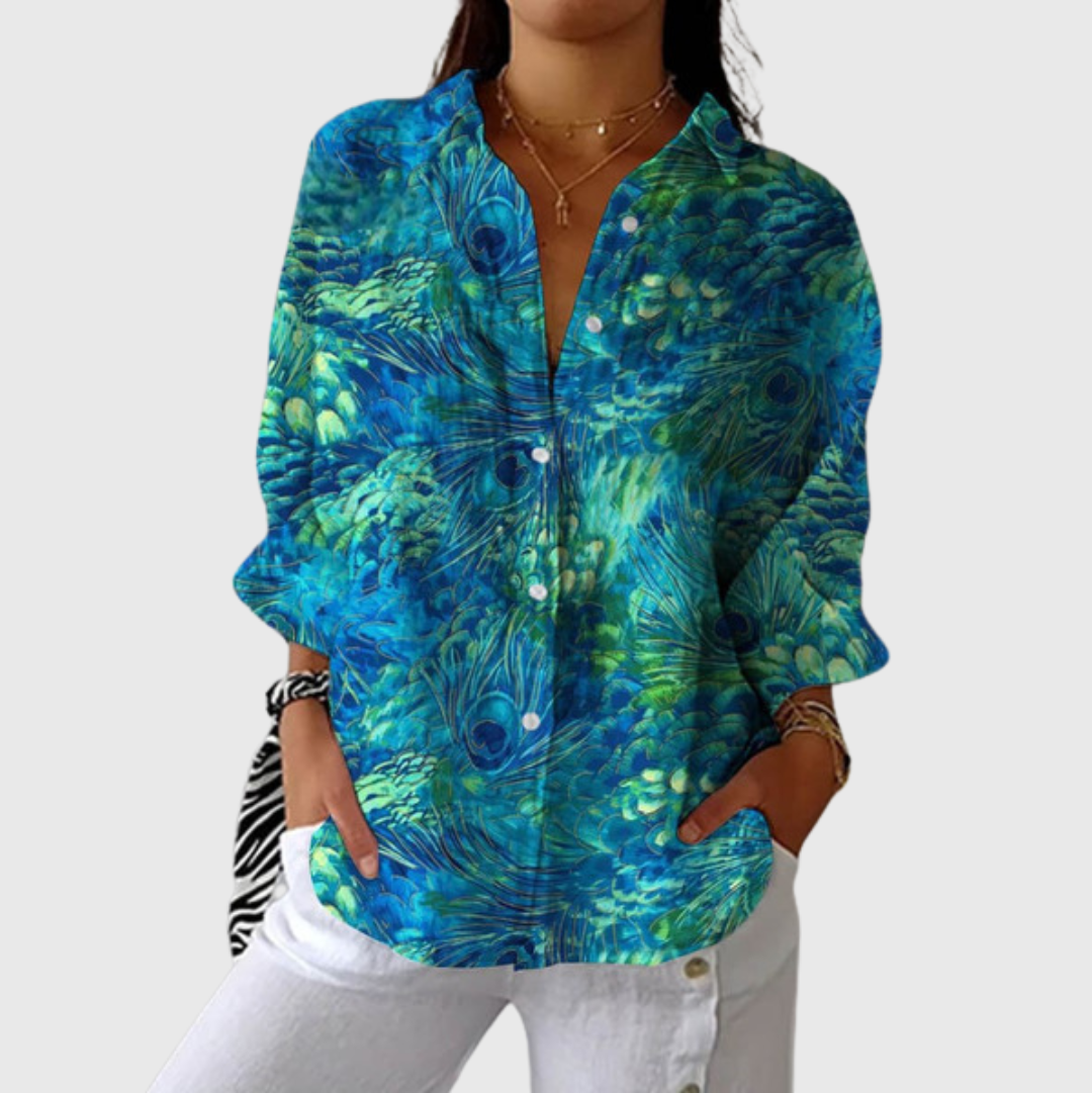 Leichte und farbenfrohe Druckbluse - Aquarell Petrol