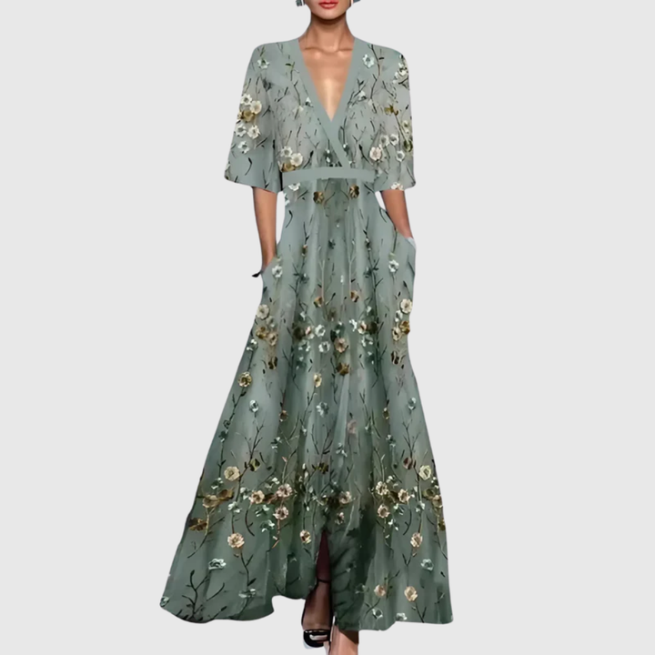 Valentina – Elegant Floral Deep V Maxi Dress
