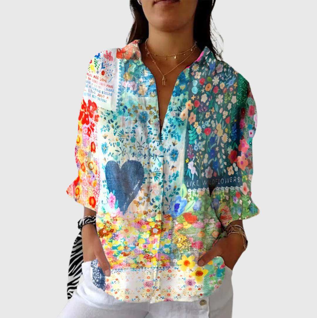 Leichte und farbenfrohe Druckbluse - Herz & Blumen Türkis
