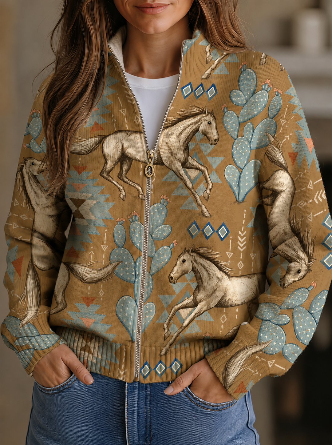 Beate™ | Cardigan with Horses & Cacti