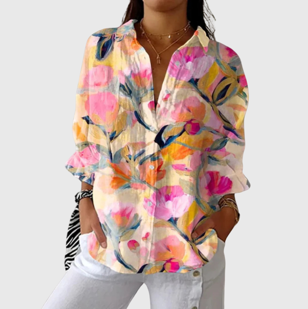 Leichte und farbenfrohe Druckbluse - Vögel & Blüten Creme