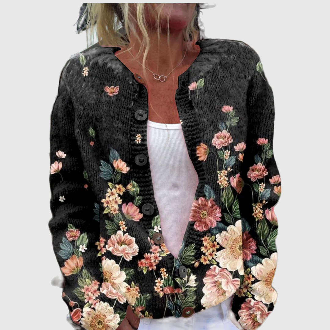Christa™ | Cardigan with Roses on Black
