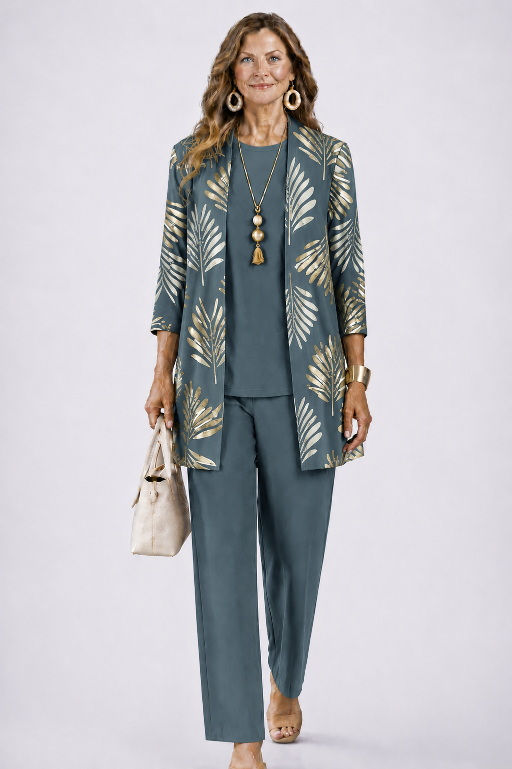 Printed Trouser Co-ord with Open-Front Cardigan for Women