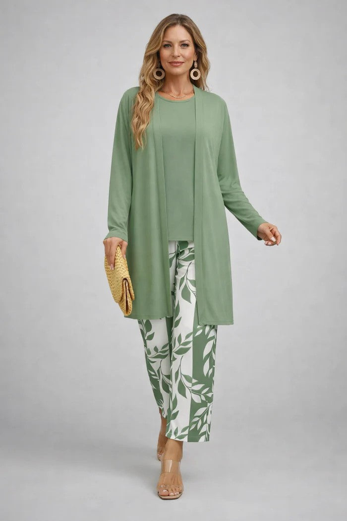Three-Piece Co-ord Set with Longline Cardigan and Printed Trousers