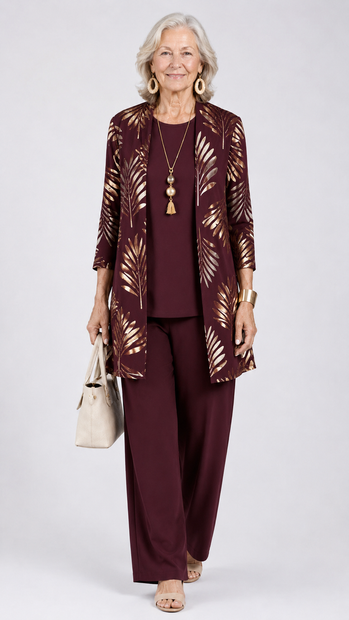 Longline Cardigan Set with Inner Top and Printed Trousers
