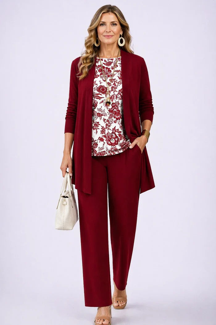 Longline Cardigan Set with Inner Top and Printed Trousers