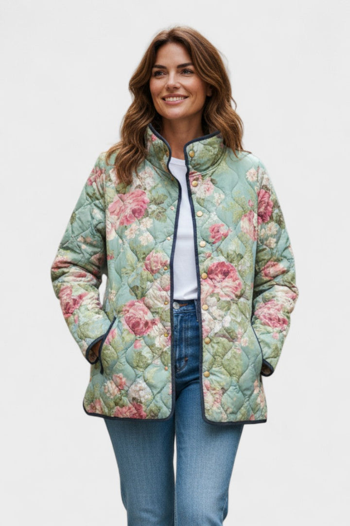 Gesa™ | Quilted Jacket with Large Roses in Sage
