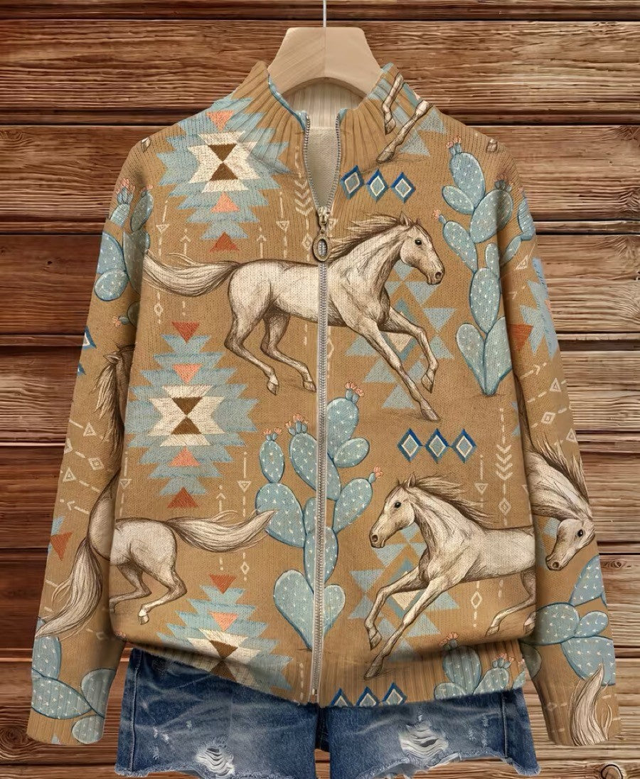 Beate™ | Cardigan with Horses & Cacti